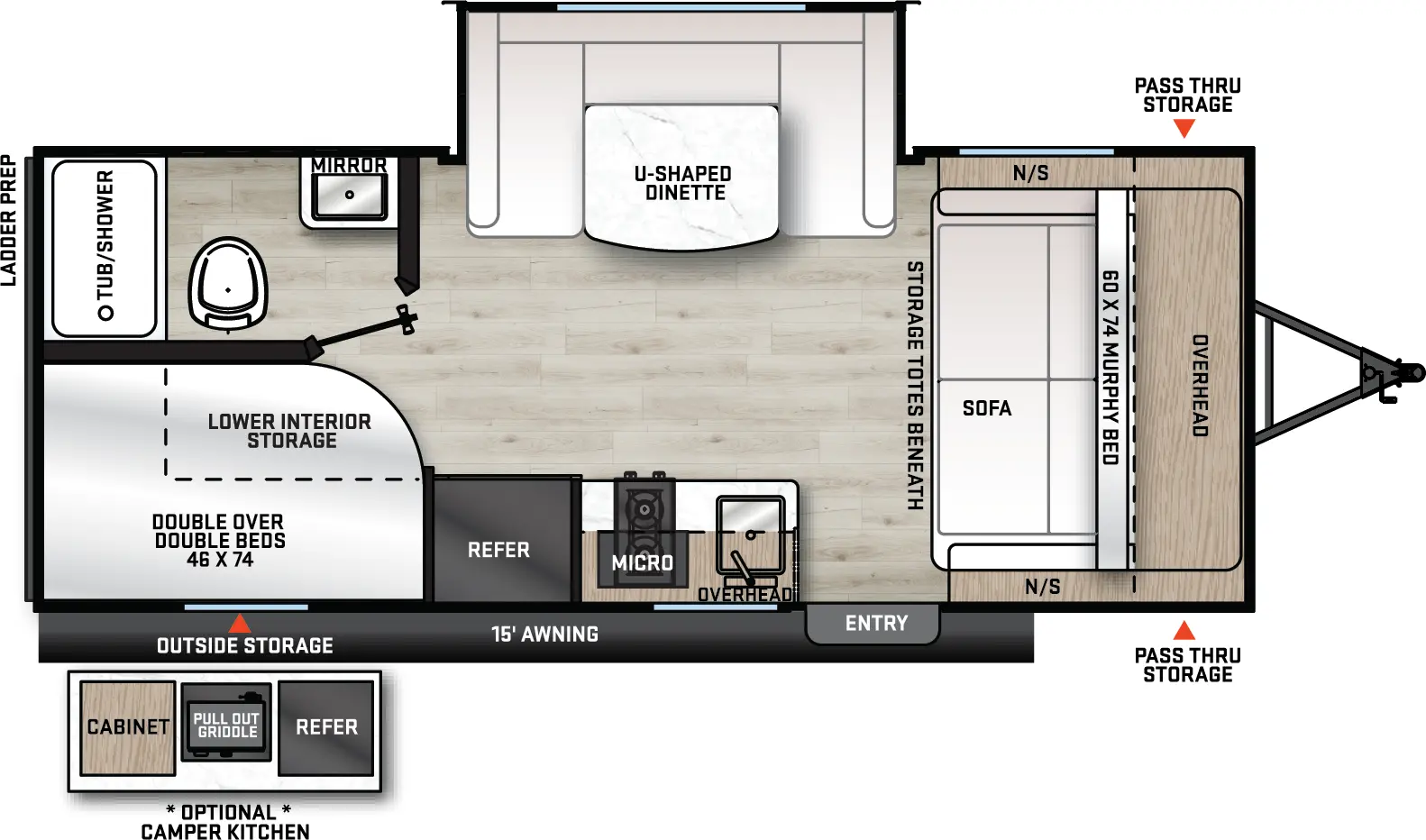 The Catalina Summit Series 7 184BHS floorplan has one entry and one slide out. Exterior features include: metal exterior, 15' awning and outside kitchen. Interiors features include: bunk beds, u-dinette and murphy bed.